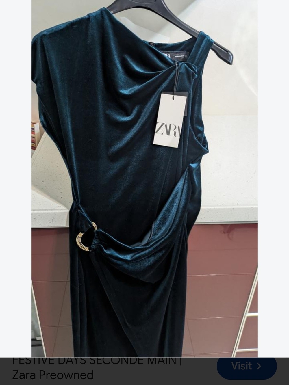 Zara Dark Teal Velvet One-Shoulder Dress with Draped Ring Detail